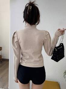 DAZY 女式拼色拼接羊腿袖毛衣，秋装 - 杏色 - 查看 5