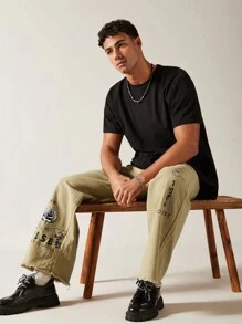 Manfinity VCAY Jeans évasés pour hommes avec imprimé floral et slogan - Kaki - Voir 6