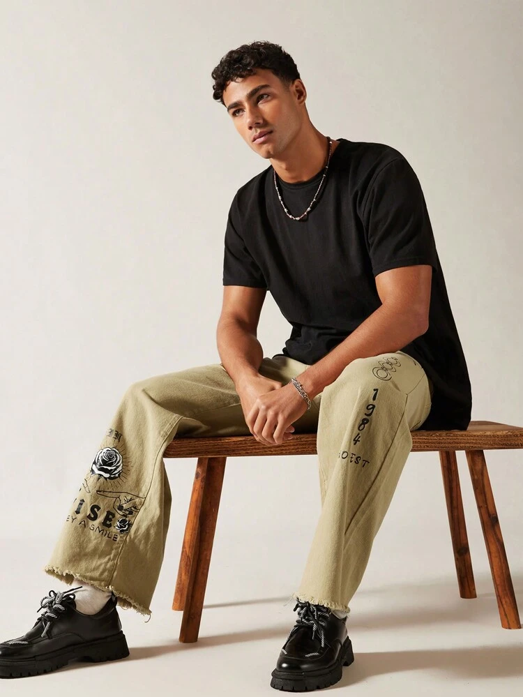 Men's Flower & Slogan Print Flared Jeans