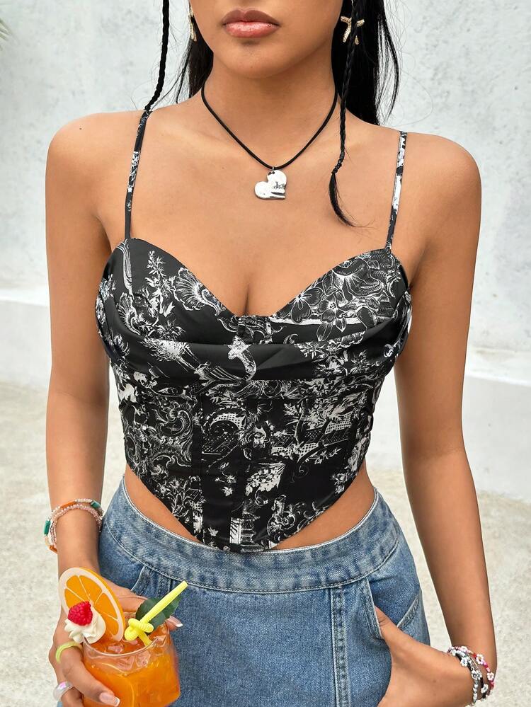 Women's Asymmetrical Hem Spaghetti Strap Tank Top With Full Pattern Print