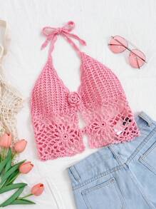 Soleia Áo hở vai đan móc họa tiết hoa 3D cho kỳ nghỉ của phụ nữ, màu trơn - Hồng - Xem 1