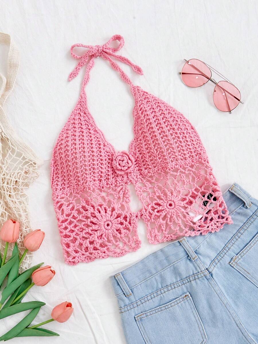 Soleia Áo hở vai đan móc họa tiết hoa 3D cho kỳ nghỉ của phụ nữ, màu trơn - Hồng - Xem 1