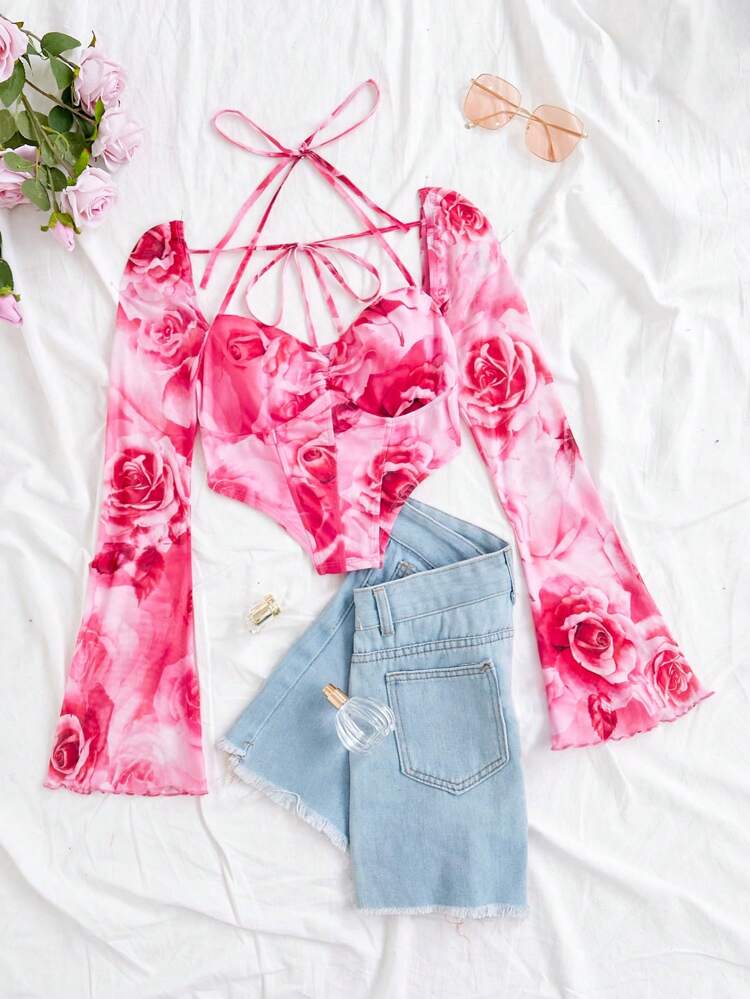 Women's Floral Print Bell Sleeve Halter T-Shirt