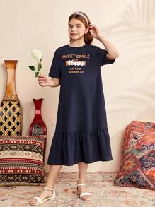 SHEIN Cô gái Tween Lỏng lẻo phù hợp Ngắn tay Vòng cổ Đầm Midi Với In thư - Màu xanh hải quân - Xem 3