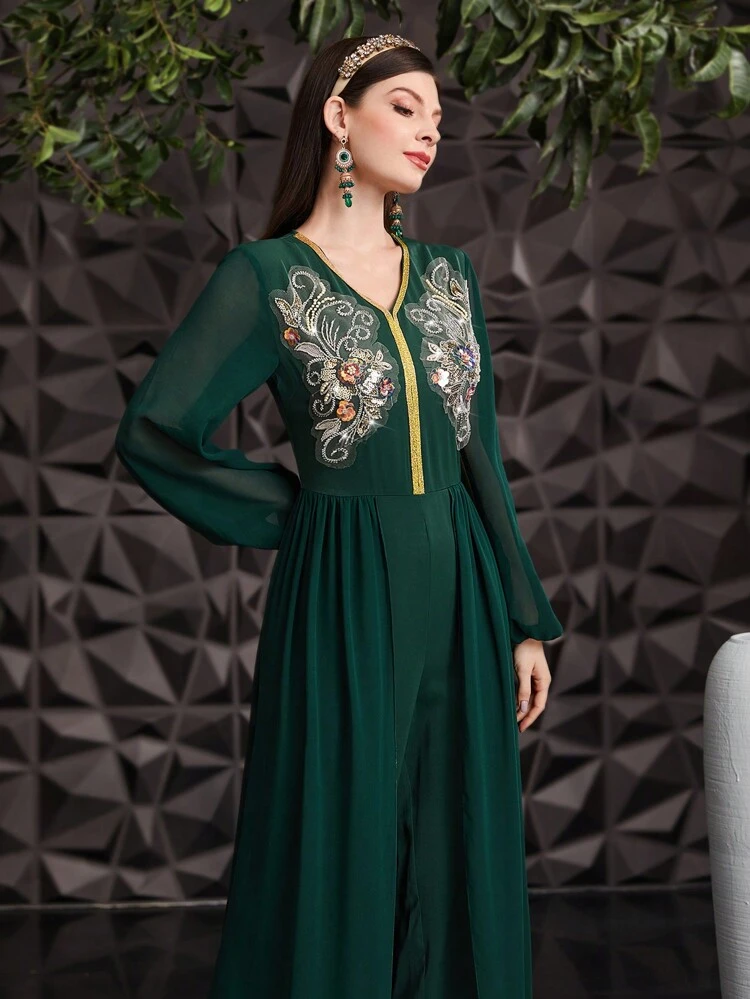Women's Beaded Embroidery Lantern Sleeve Jumpsuit Fall Cloth For Women