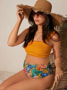 SHEIN Maternity Shirred Bikini Top With Tropical Print Triangle Bikini Bottom Set Summer - Multicolor - View 3