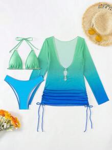 SHEIN Swim Ladies' Blue-Green Ombre Bikini Set Summer Beach - Multicolor - View 5