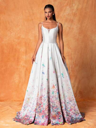 女士印花長裙高端優雅的無袖晚禮服,適用於晚會或正式場合