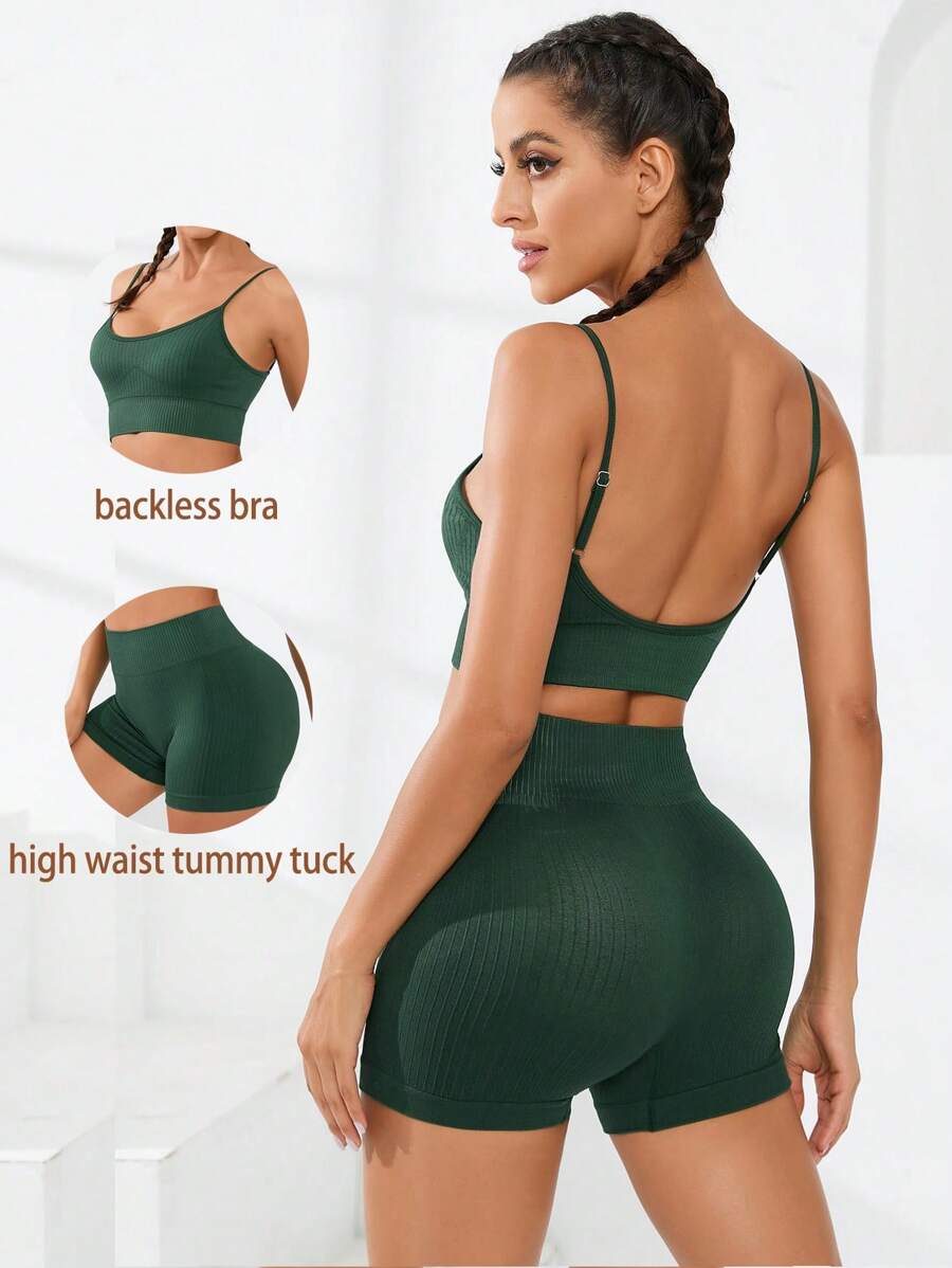 SHEIN Sport Studio Solid Ribbed Knit Sports Set
