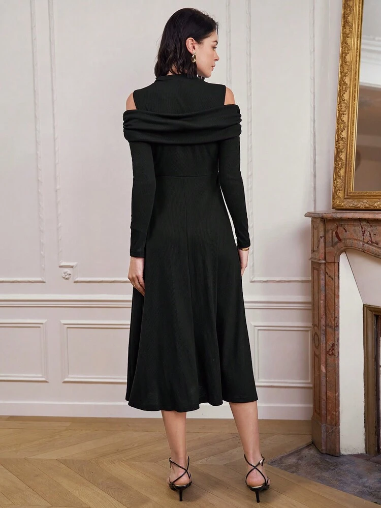 Solid Color Open Shoulder Cinched Waist Dress Winter Elegant Black Evening Dress