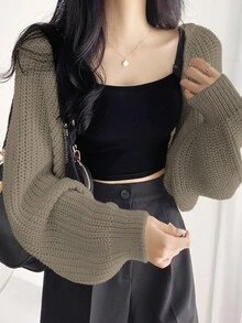 DAZY Women's Long Sleeve Cropped Cardigan With Open Front - Khaki - View 3