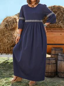 SHEIN LUNE 加大尺碼女士拼接編織帶休閒長款嬰娃裝連身裙 - 藍色 - 查看 4