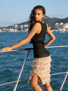 Anewsta Vacation Style Tassel Patchwork Hollow Out Knitted Midi Tight Dress With Round Neckline For Summer