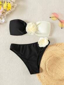 SHEIN Swim Women's 3d Flower Decorated Colorblocking Bikini Swimwear Set