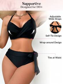 Swim DD+ 女士純色交叉細節比基尼游泳衣套裝 - 黑色 - 查看 3