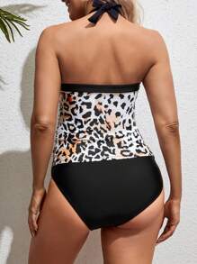 SHEIN Summer Maternity Leopard Print Color Block Trim Halter Neck Two Pieces Tankini Set, Maternity Bathing Suit - Multicolor - View 2