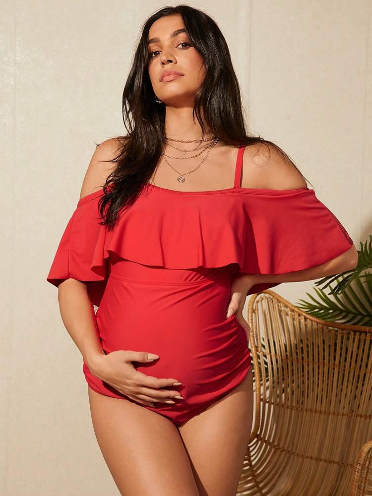 Cold Shoulder Ruffled One-Piece Maternity Swimsuit, Maternity Bathing Suit Summer