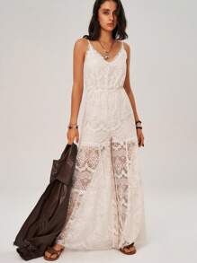 Bohemela Vacation Lace Spaghetti Strap Flared Jumpsuit - Apricot - View 3