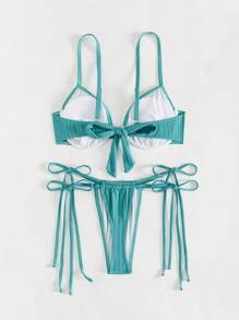 SHEIN Swim Women's Textured Knotted Thong Bikini Set With Underwire (Side Tie) - Cadet Blue - View 4