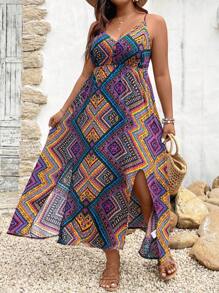 SHEIN Holidaya Của phụ nữ Kích thước lớn In Hình học Dây đeo Mì Ý  Đầm - Nhiều màu - Xem 5