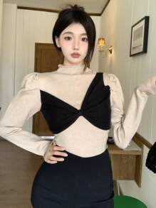 DAZY 女式拼色拼接羊腿袖毛衣，秋装 - 杏色 - 查看 1