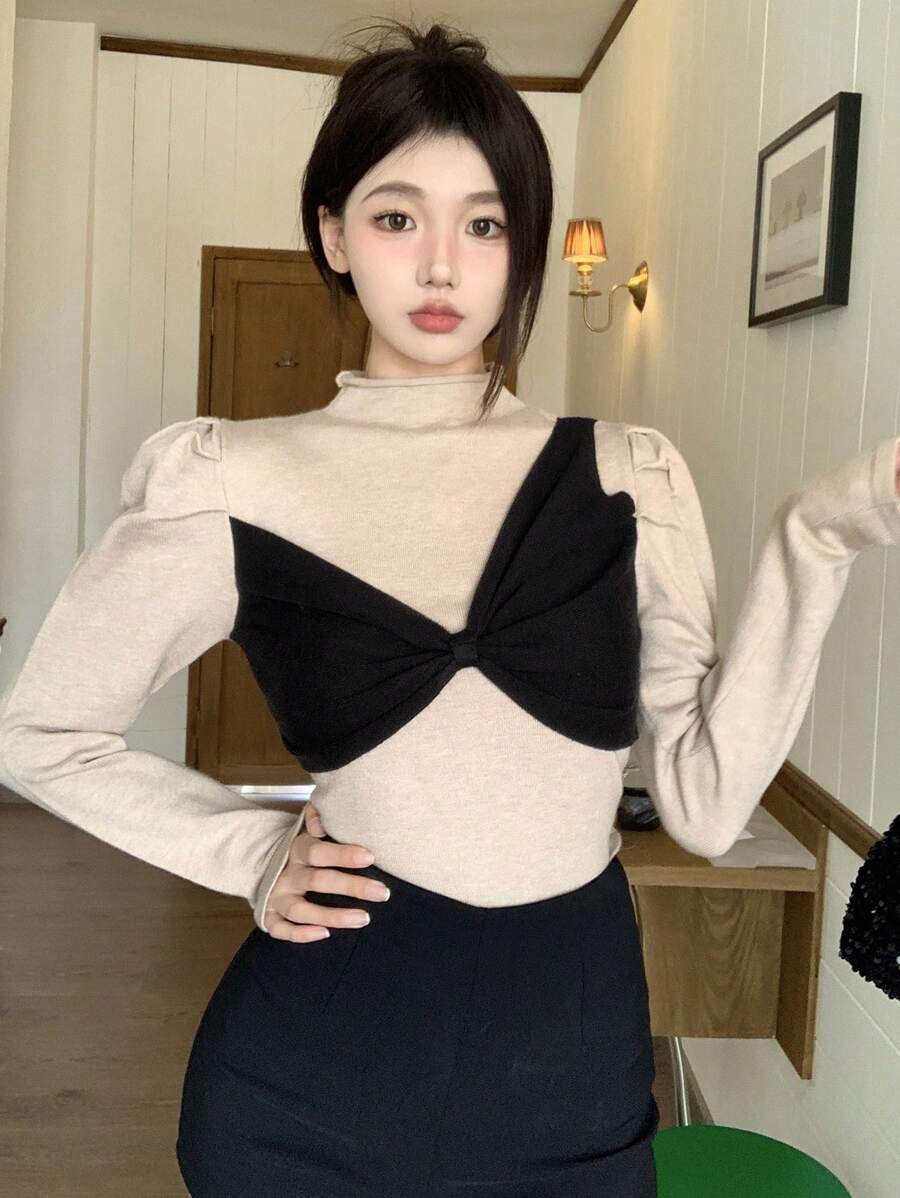 DAZY 女式拼色拼接羊腿袖毛衣，秋装 - 杏色 - 查看 1
