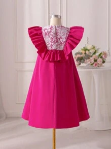 SHEIN Tween Girls' Loose Fit Casual Woven Solid Color Dress With Ruffle Hem