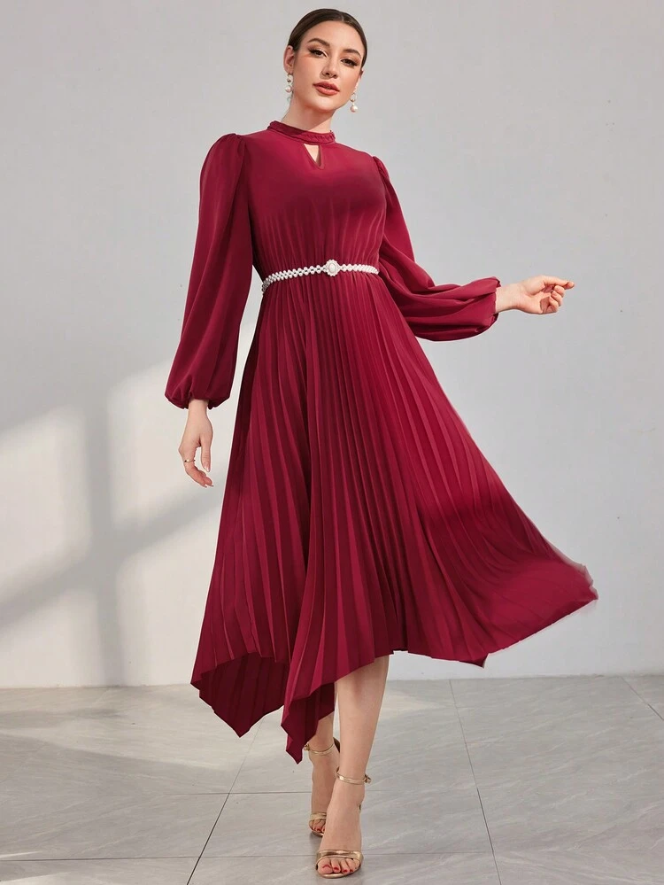 Women's Lantern Sleeve Dress With Ruffled Hem And Keyhole Neckline Long Evening Dresses