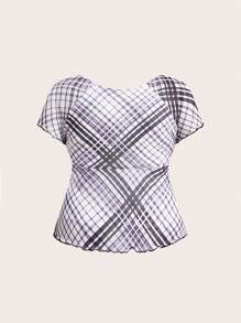 SHEIN Qutie Plus Size Women's Plaid Mesh Double Layer T-Shirt - Black and White - View 2