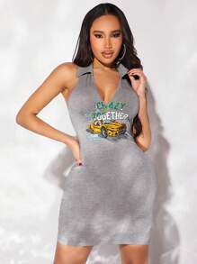 SHEIN SXY Vestido Sin Mangas Con Cuello Y Halter Para Mujer Con Diseño De Estampado De Coche