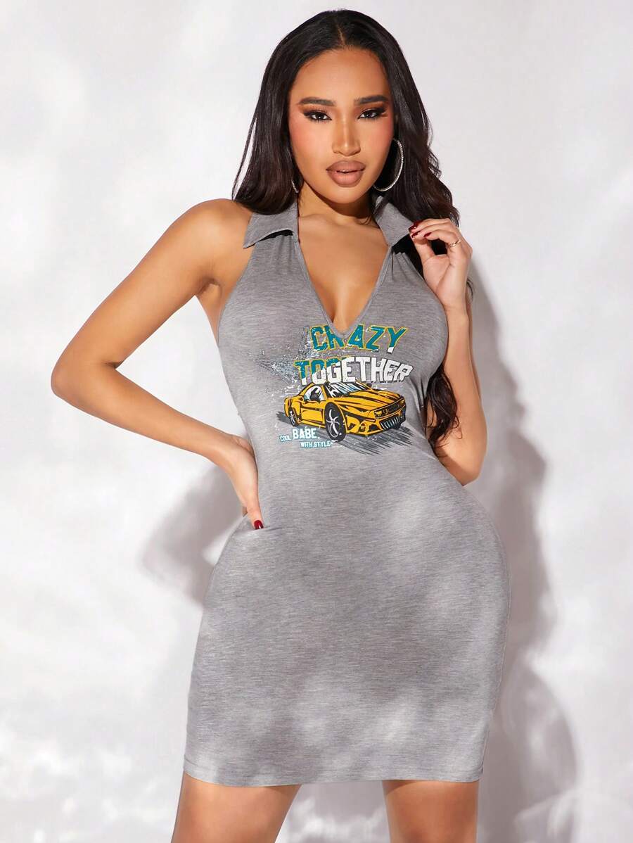 SHEIN SXY Women's Collared Halter Neck Sleeveless Dress With Car Print Design - Grey - View 1