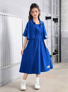 SHEIN Strickjacke und Cami Kleid Set mit dekorativen Rändern für Tween Mädchen