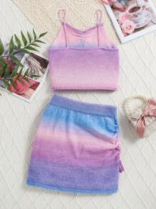 Teen Girl's Fashionable Ombre Color Knitted Cami Top And Skirt 2pcs Knitted Outfit - Multicolor - View 2