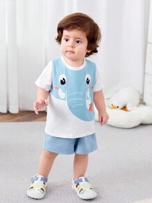 SHEIN 男嬰女嬰卡通大象圖案圓領短袖上衣和純色短褲套裝 - 彩色 - 查看 5