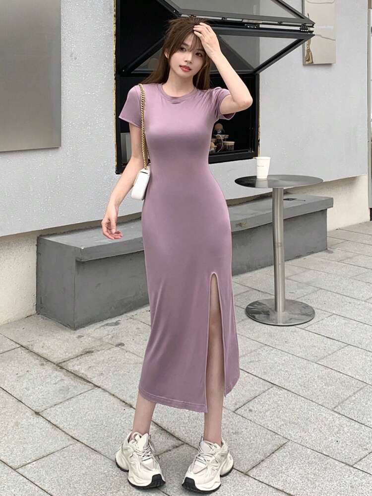 Women's Round Neck Short Sleeve Split Hem Dress Sundress
