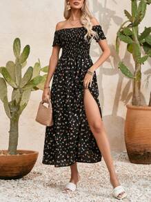 Breezaya Damski Bez ramion Krótki Rękaw Wzór w kwiaty Marszczona sukienka - Wielokolorowe - Zobacz 1