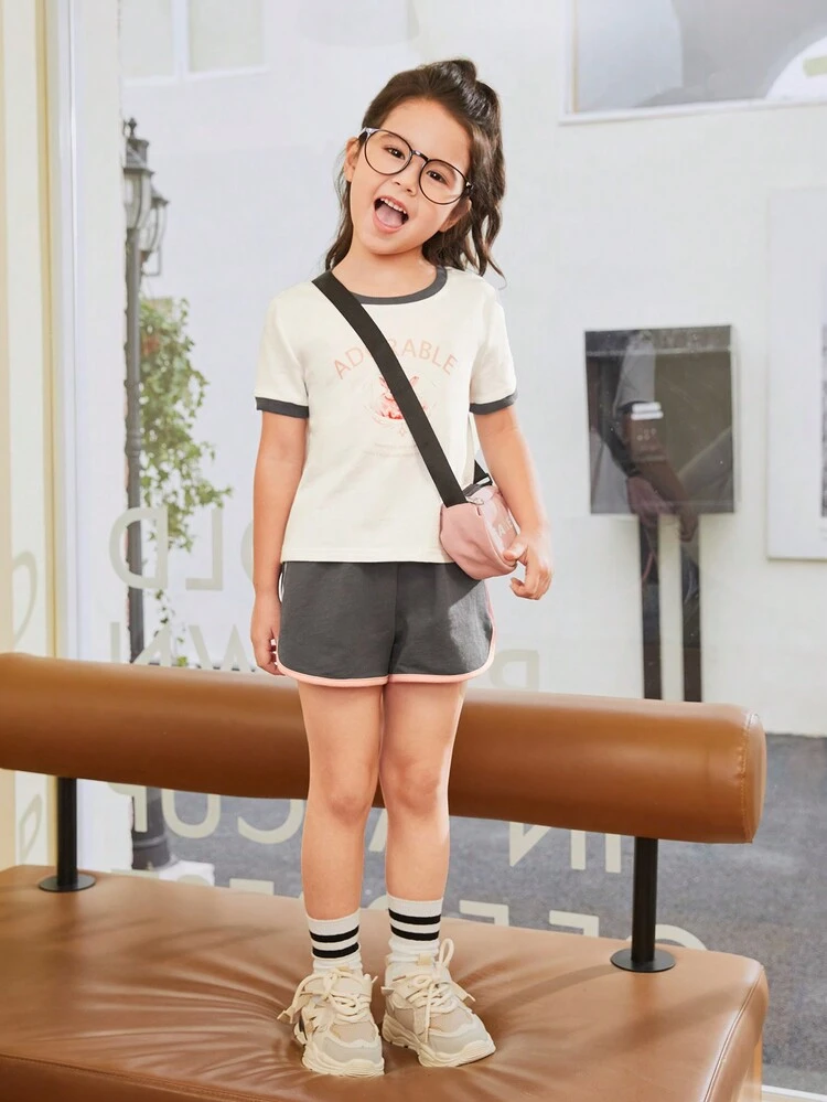 Young Girls Loose Casual Round Neck Color Block Patchwork T-Shirt And Shorts Two Pieces Set