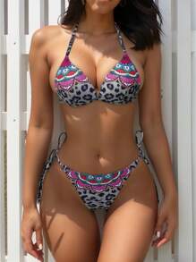 SHEIN Swim Women's Leopard Print Halter Neck Tie Bikini Set Summer Beach - Multicolor - View 2