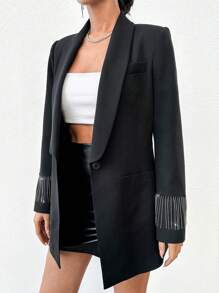 RueChic Shawl Collar Diamond With Fringed Edge Blazer Jacket - Black and White - View 5