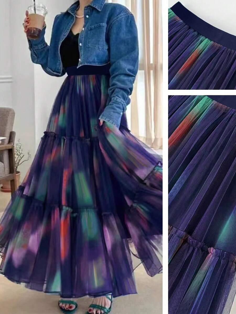 Ladies' Stylish Ombre Pleated Skirt With Frill Hem - Multicolor - View 1