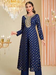 Divindia Embroidered And Applique Gold Polka Dots Print Long Sleeve Kurta - Multicolor - View 5