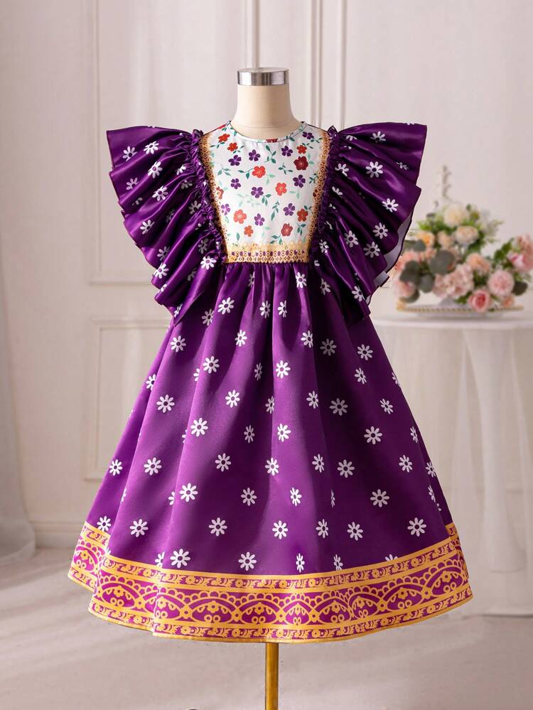 Tween Girls' Woven Floral Print Ruffle Trim Combination Casual Dress