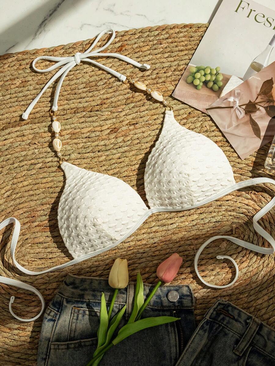 Swim Mod Màu thuần Textured Áo bikini Với lột vỏ Đồ trang trí - trắng - Xem 1