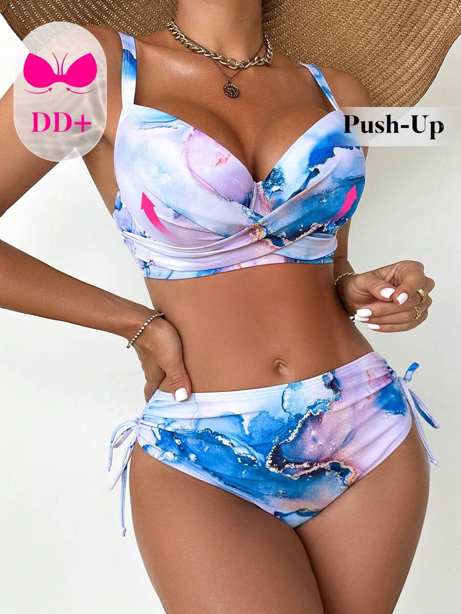 Swim DD+ 夏季海滩女士大理石纹交叉设计比基尼套装 - 彩色 - 查看 1