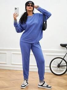 Street Sport Women's Round Neck Knitted Sportswear Top And Pants Set - Blue - View 3