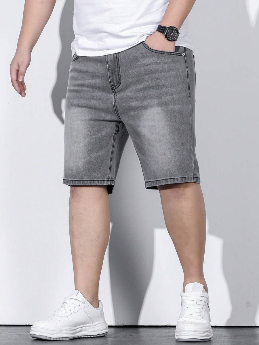 Manfinity Homme Men Plus Cotton Bleach Wash Bermuda Denim Shorts - Grey - View 1