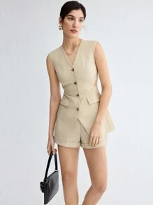 BizChic Women's Elegant Business Hollow Out Vest & Shorts Suit Set - Khaki - View 1