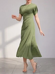 Modelyn Ladies' Solid Color Texture Pleated Waist Dress