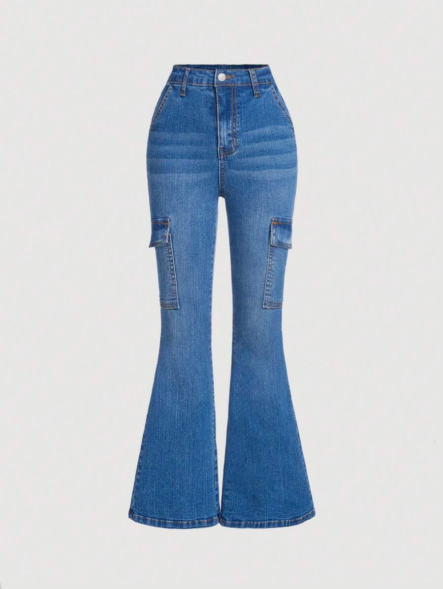 SHEIN Quần Jeans Ống Loe Cargo Y2K Cho Bé Gái Tuổi Teen, Quần Denim Thời Trang - Rửa trung bình - Xem 1