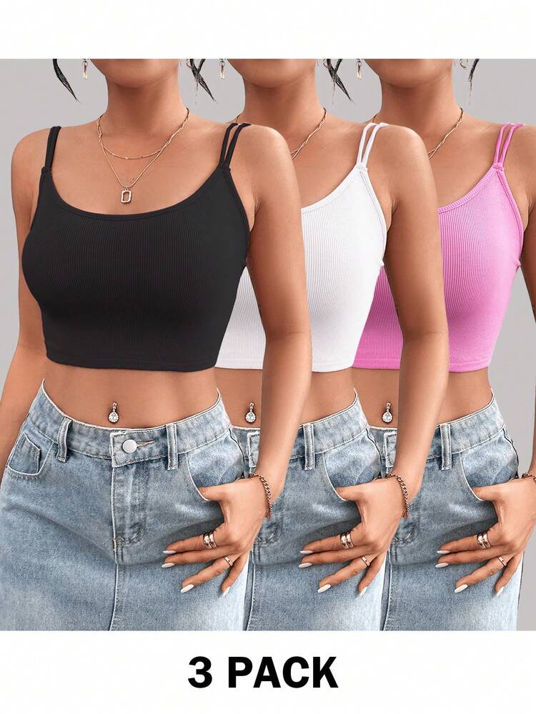 3pcs/Set Women's Casual  Solid Color Versatile Camisole Tank Top